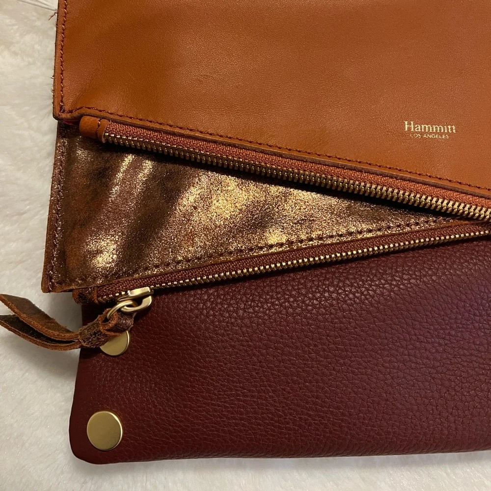 Hammitt Fold-Over Leather Clutch in Chestnut and Cognac